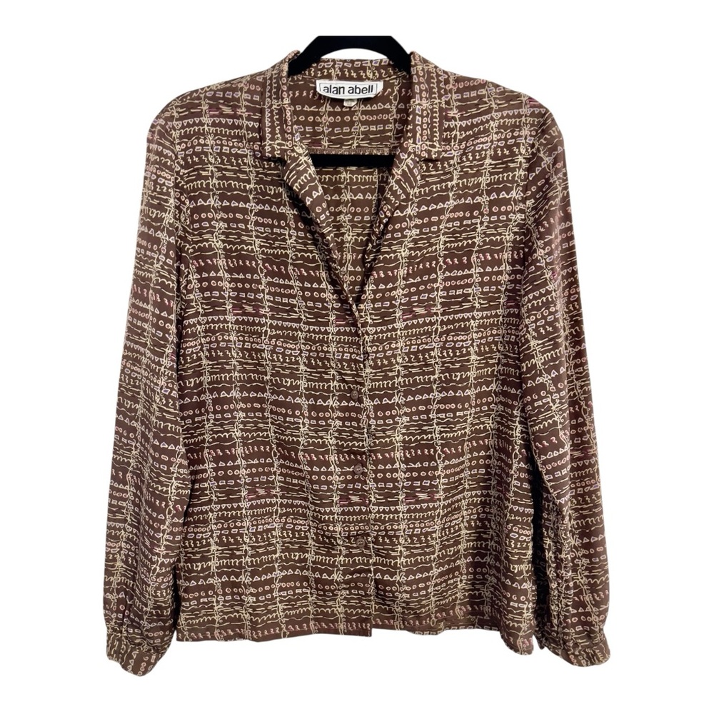 Vintage Alan Abell 1970s Blouse Sz 12 Brown Abstract Geometric Artsy Boho Print